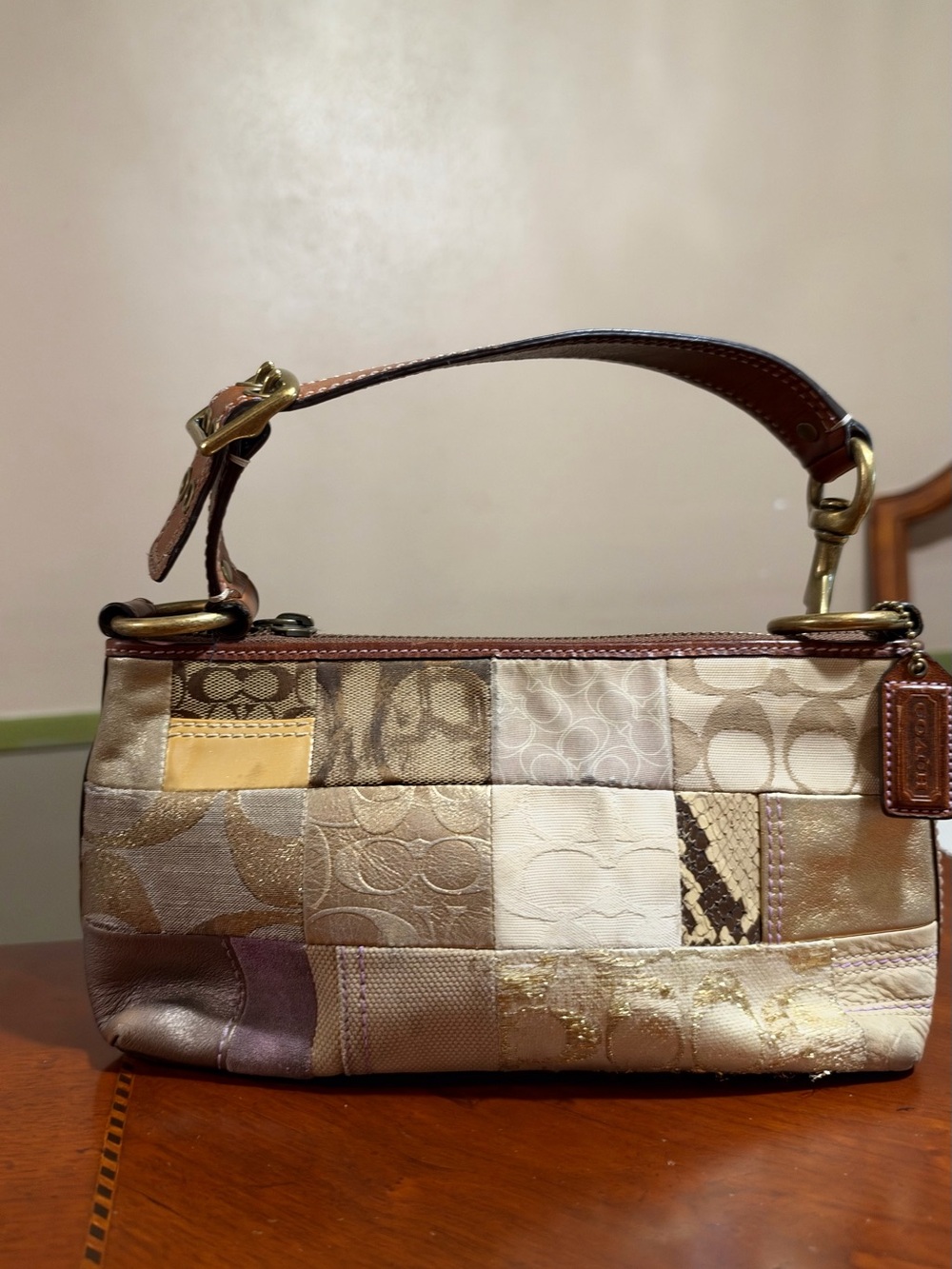 Coach Metallic Patchwork Mini Shoulder Bag in Beige and Gold